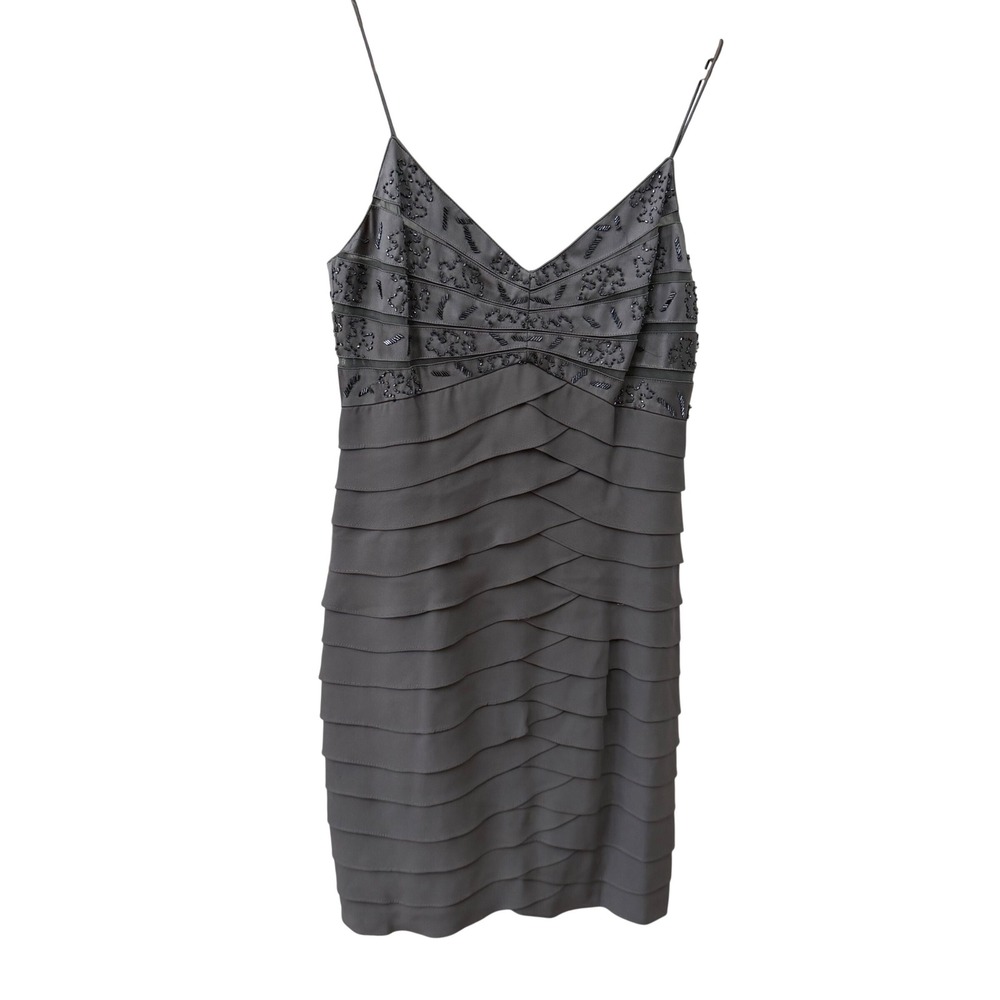 Chetta B Silk Cocktail Dress 6 Grey Beaded Tiered Ruffle Spaghetti Strap Mini
